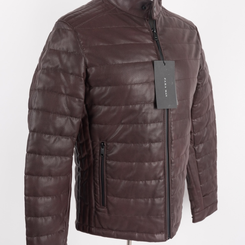 Zara Man Jacket Coat Faux Leather Puffer Brown NWT - Picture 5 of 7